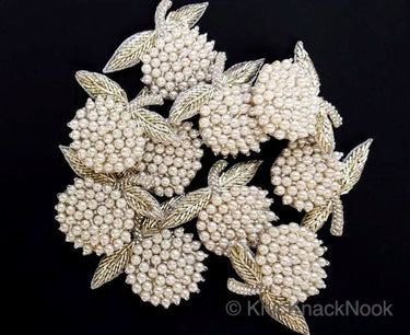 Hand Embroidered White Fruit Applique, White Pearl Beads Applique Orange Motif In Pearls, Kids Applique Patch